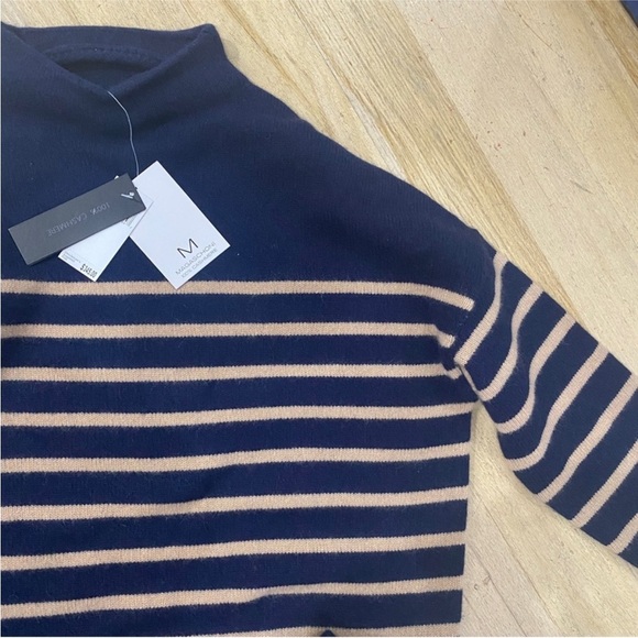 Magaschoni mock neck 100% cashmere stripe sweater in navy NEW - Picture 7 of 9
